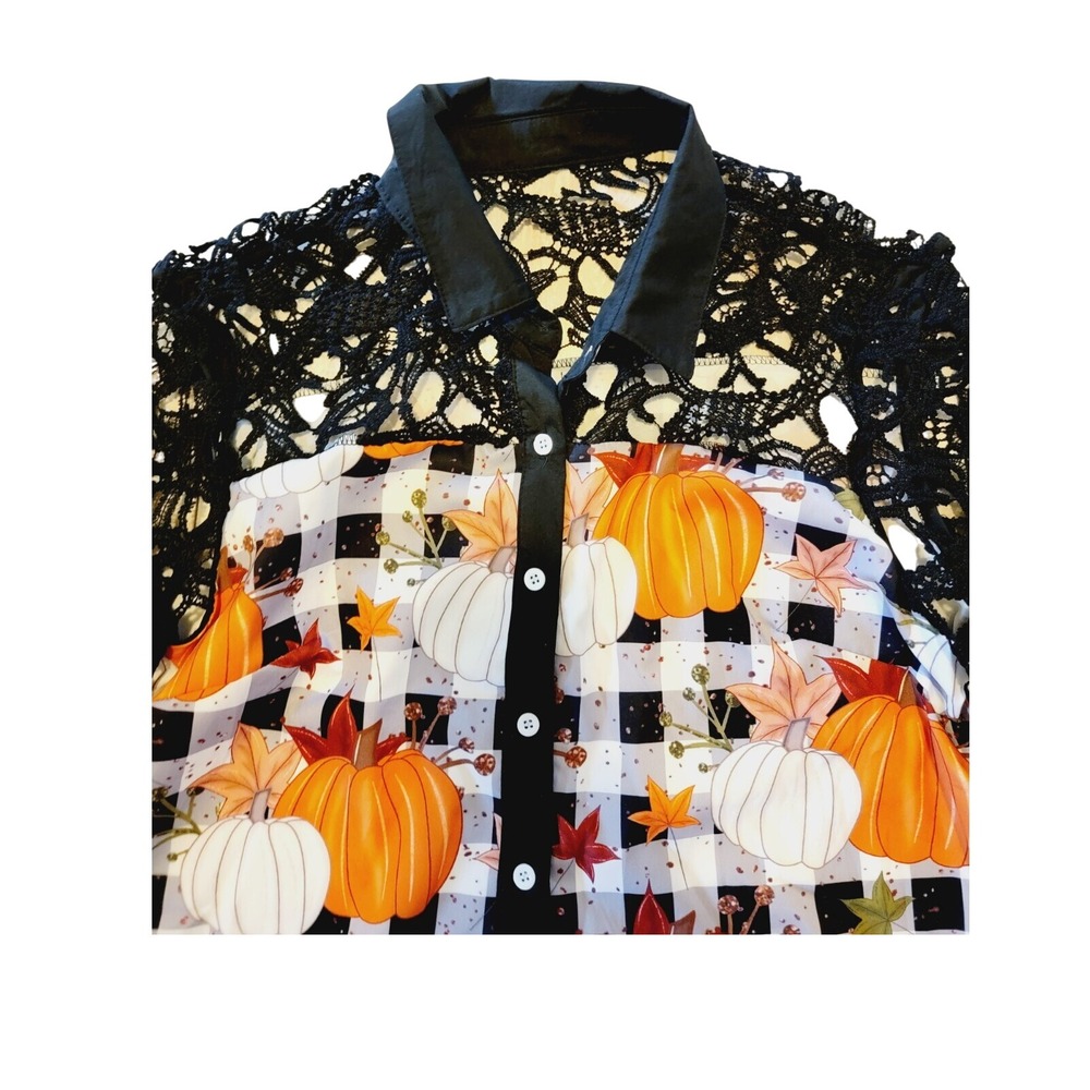 Unbranded L Fall Theme Long Sleeve Black/Orange Blouse Pumpkins Lace Accent NWOT